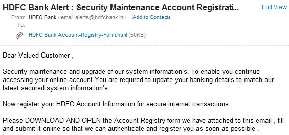 Phishing email targeting HDFC Bank customers 