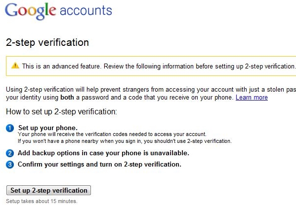 2 factor authentication setup gmail