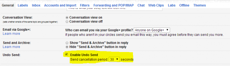 Change the default settings for Gmail Undo Send button